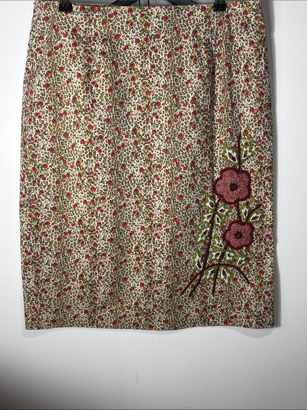DO’LCE Apparel Beaded Floral Leopard Print Pencil Skirt Large